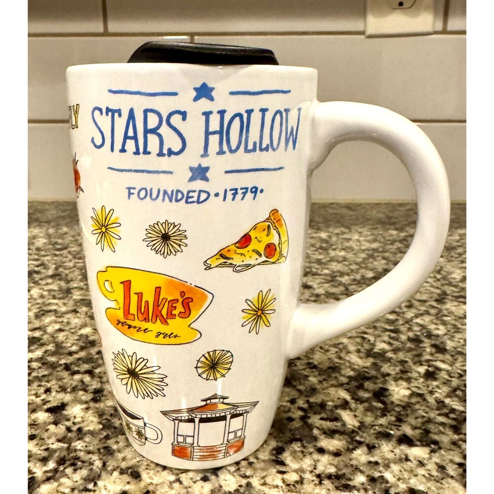 Silver Buffalo Gilmore Girls Stars Hollow, Ceramic Travel Mug, Lid, 16oz